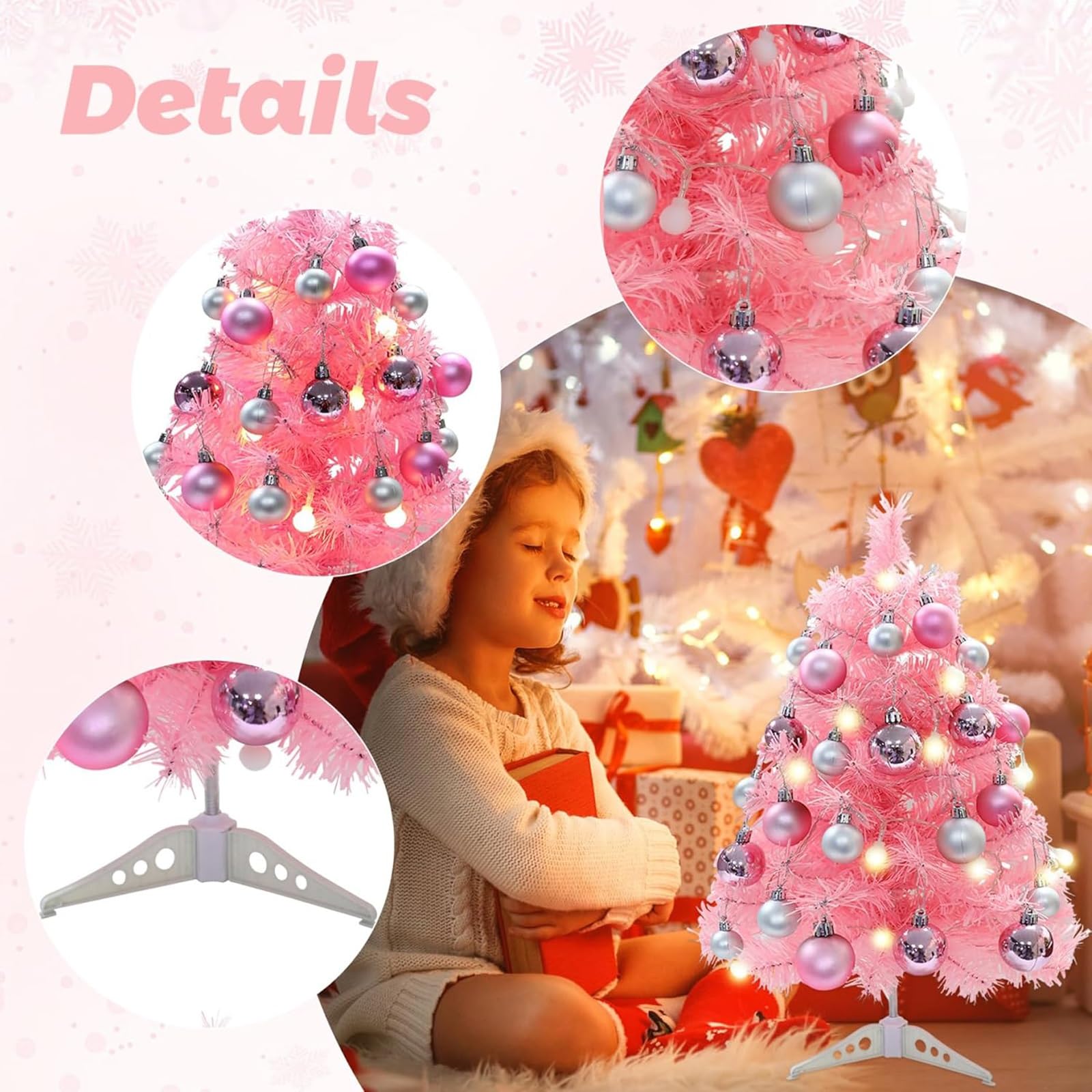Albero di Natale piccolo rosa da 60 cm con 24 palline, albero di Natale artificiale da tavolo for decorazioni natalizie di Capodanno Piante artificiali