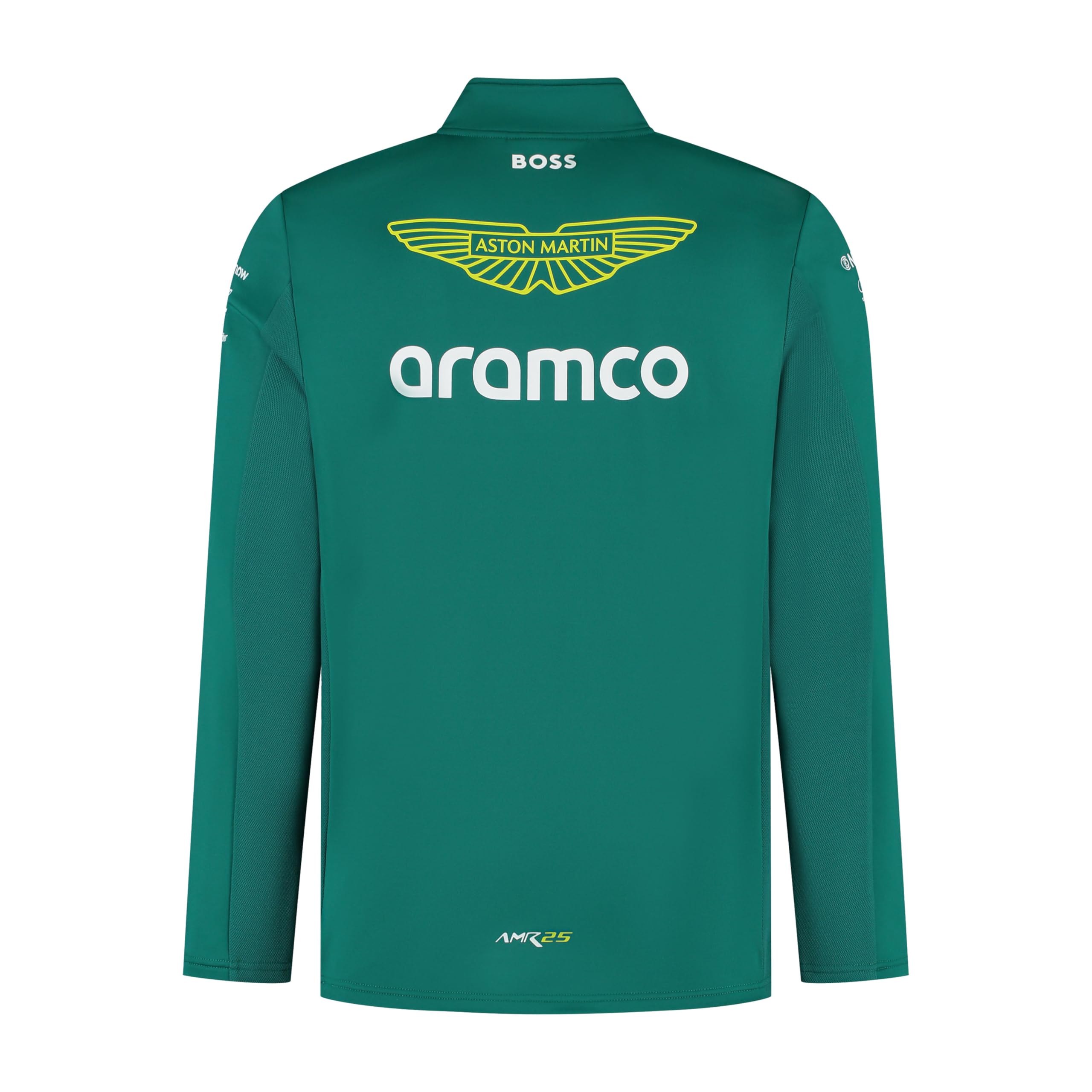 Aston Martin F1 2025 Sudadera 1/4 Zip para Hombre | Logotipos de los socios del equipo de la Scuderia Ferrari de 2025, Detalle de rayas del equipo en el cuerpo