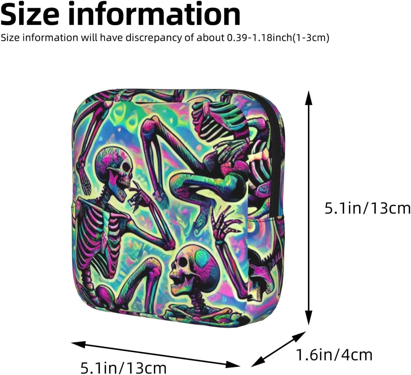 Psychedelic-Halloween-Skeletons Portable Period Pad Pouch for Women, Sanitary Napkin Storage Bag with Zipper for Outdoor Use image 3