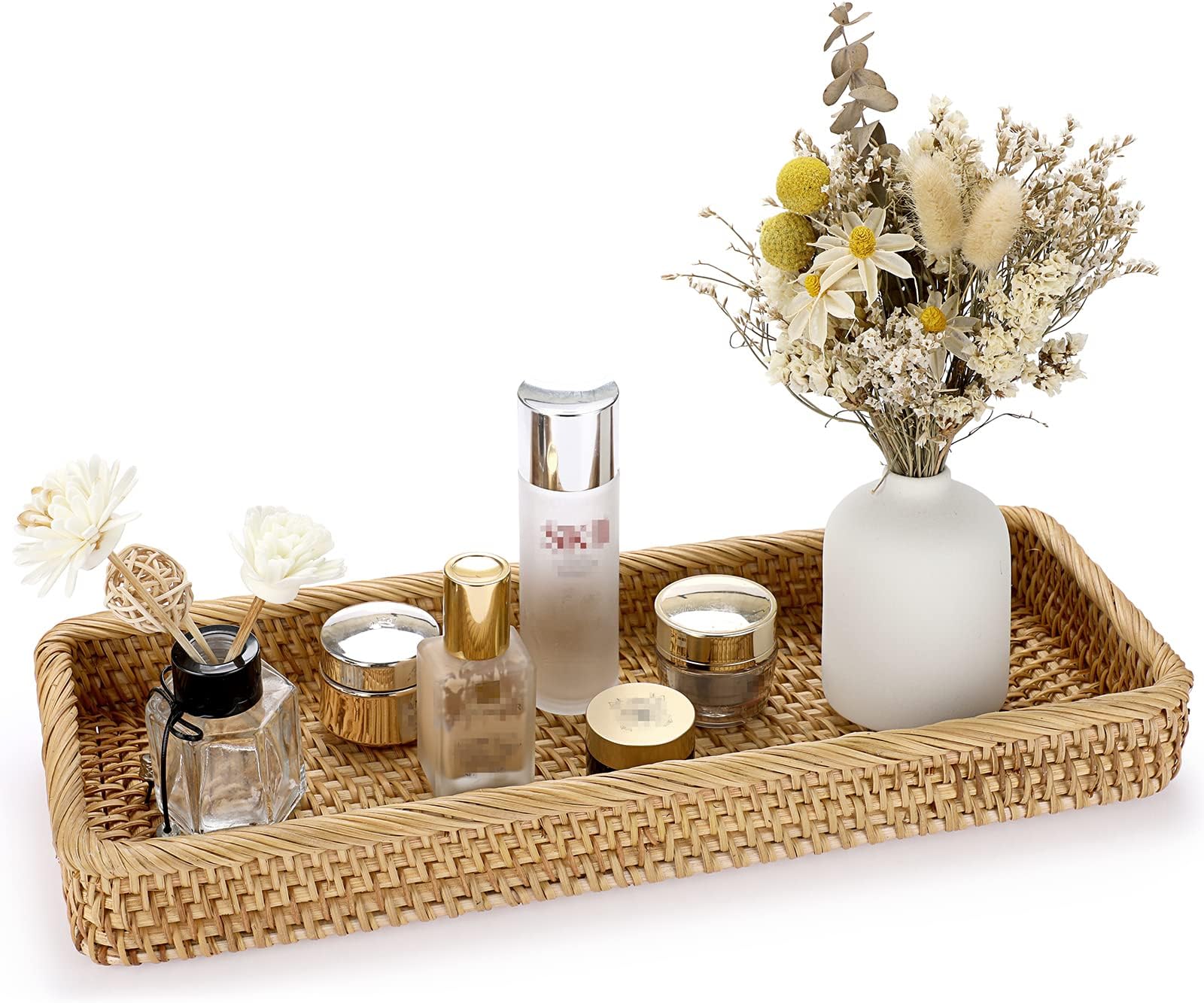 IGNPION Rattan Serving Tray Decorative Display Tray Table Storage Tray Toilet Tank Paper Tray Desktop Organiser Tray for Kitchen, Makeup, Vanity, Napkin, Candle, Ornament, 40x15cm