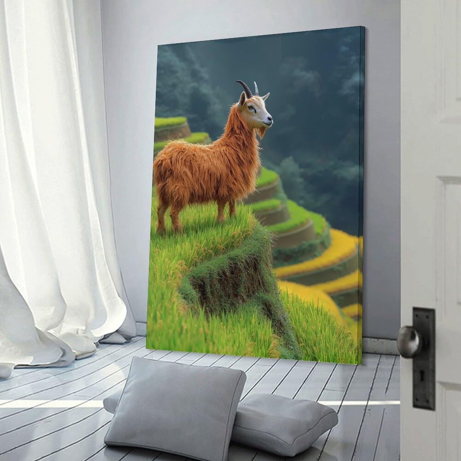 Junmoney Frame-Style-9 Canvas Wall Art Goat On Rice Terraces, 24X36inch(60X90cm), For Lounge, Study, Hallway Or Flat Walls, Canvas Wall Art That Fits Changing Layouts