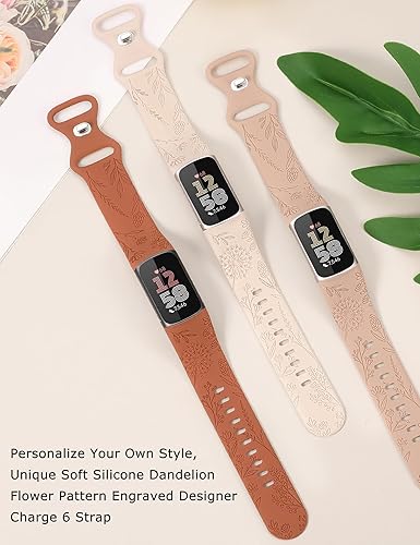Miniatura 2 de Minyee Paquete de 3 bandas grabadas florales compatibles con Fitbit Charge 6 bandasFitbit Charge 5 bandas para mujer, lindo diseño de flores de