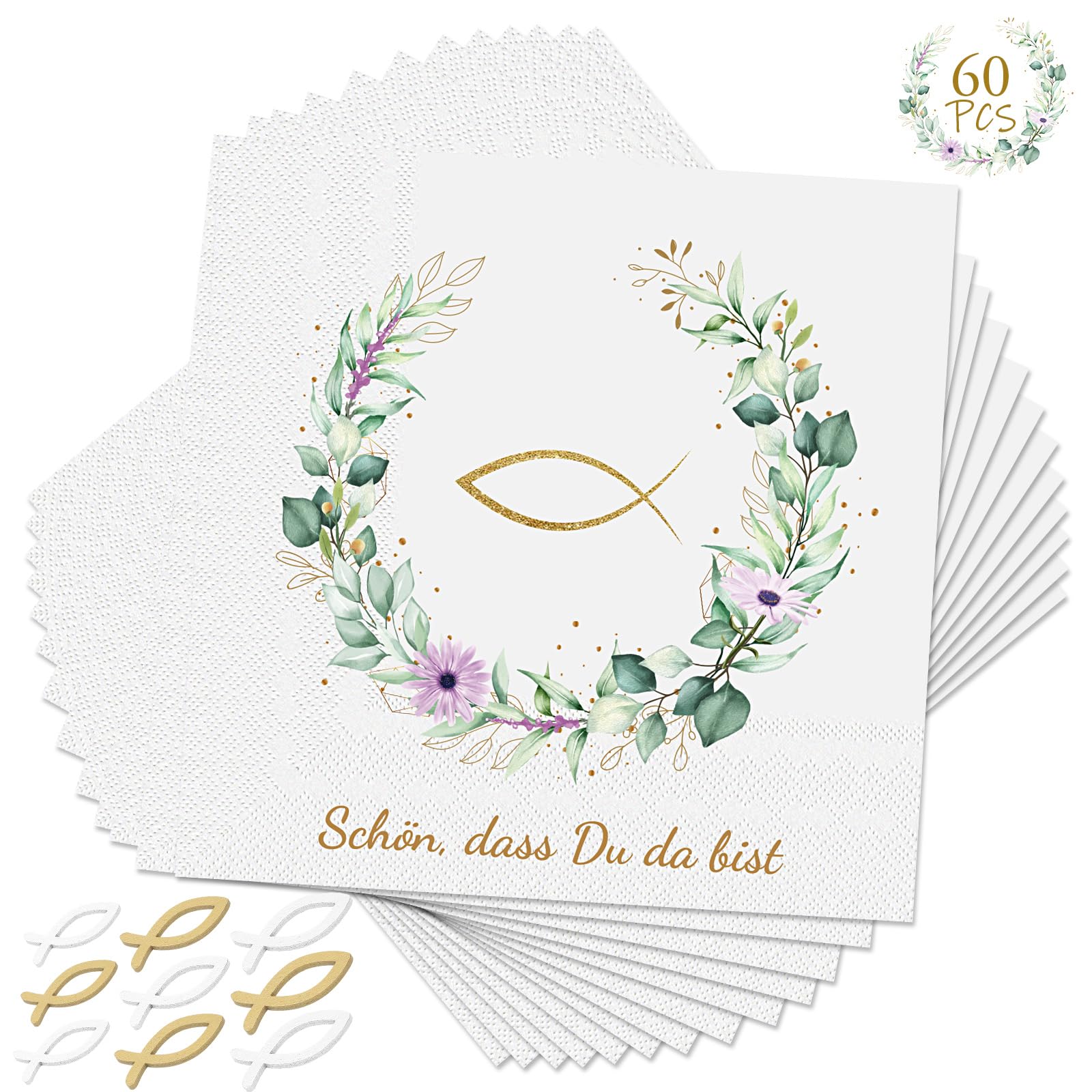60 Stück Servietten Kommunion Taufe Konfirmation Deko und 90 Stücke Holz Fisch Deko, Taufe Dekos Servietten Grün Eukalyptus Tischdeko Fisch-Tischdekoration Taufe Kommunions für jungen und Mädchen