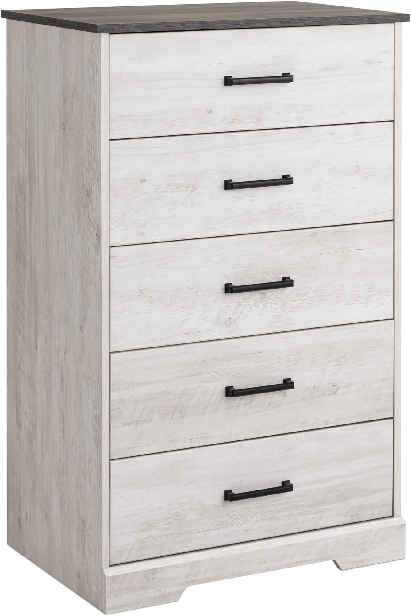 Rustic Ridge Farmhouse Dresser, Washed White Dresser for Bedroom, Chest of Drawers with 5 Drawers 18.5" D x 27.5" W x 43.5" H, ABDR-1605-1