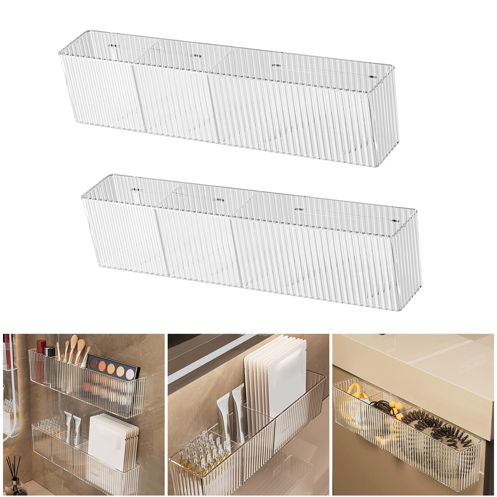 XISAOK 2 Pieces Wall Mount Clear Bathroom Makeup Organizers Storage Shelves with 3 Compartments for Home and Office