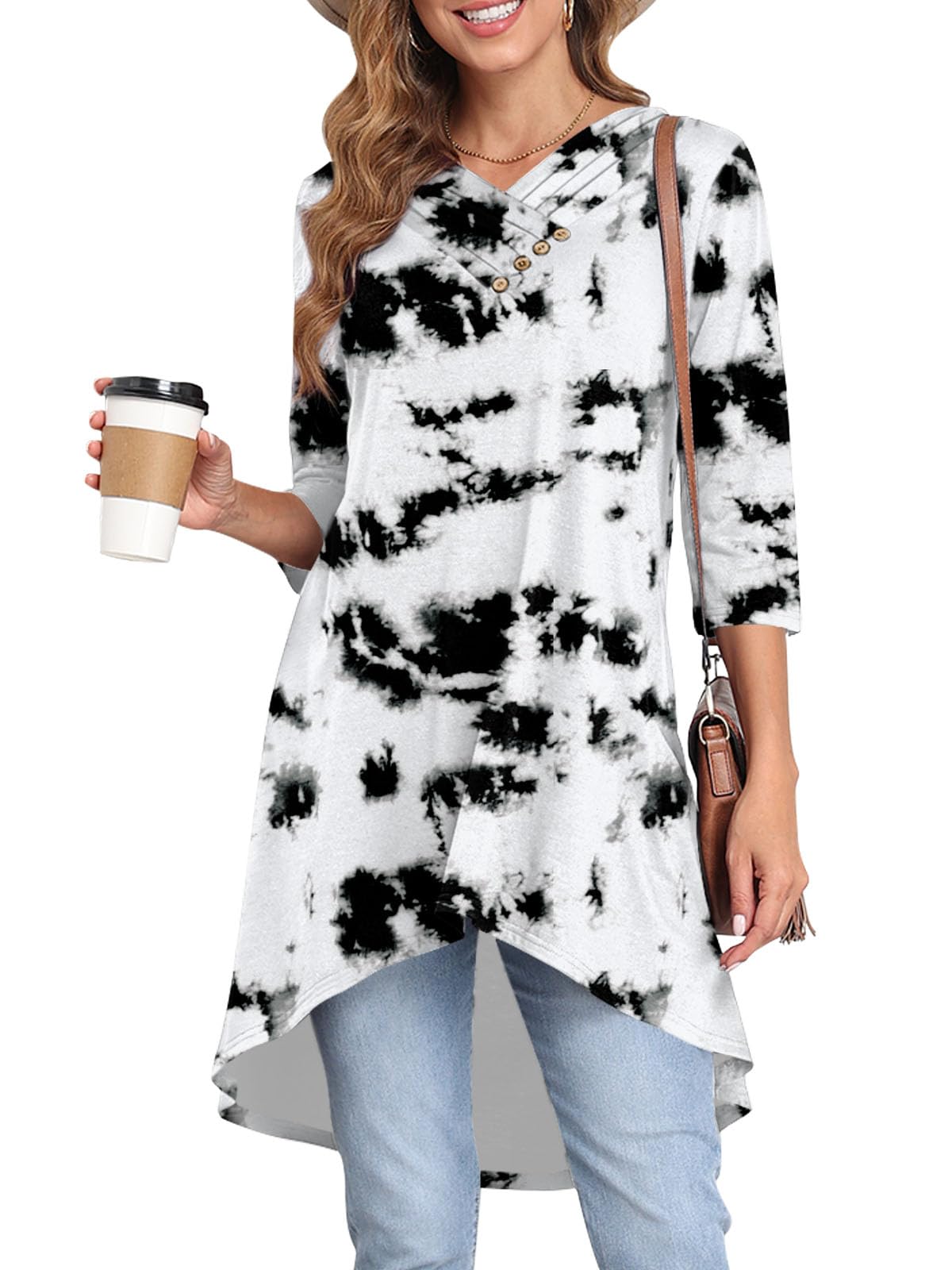 Naggoo Womens Long Shirts for Leggings 3/4 Sleeve Tunic Tops Loose Fit Dressy Casual V Neck High Low Tops Button Decor