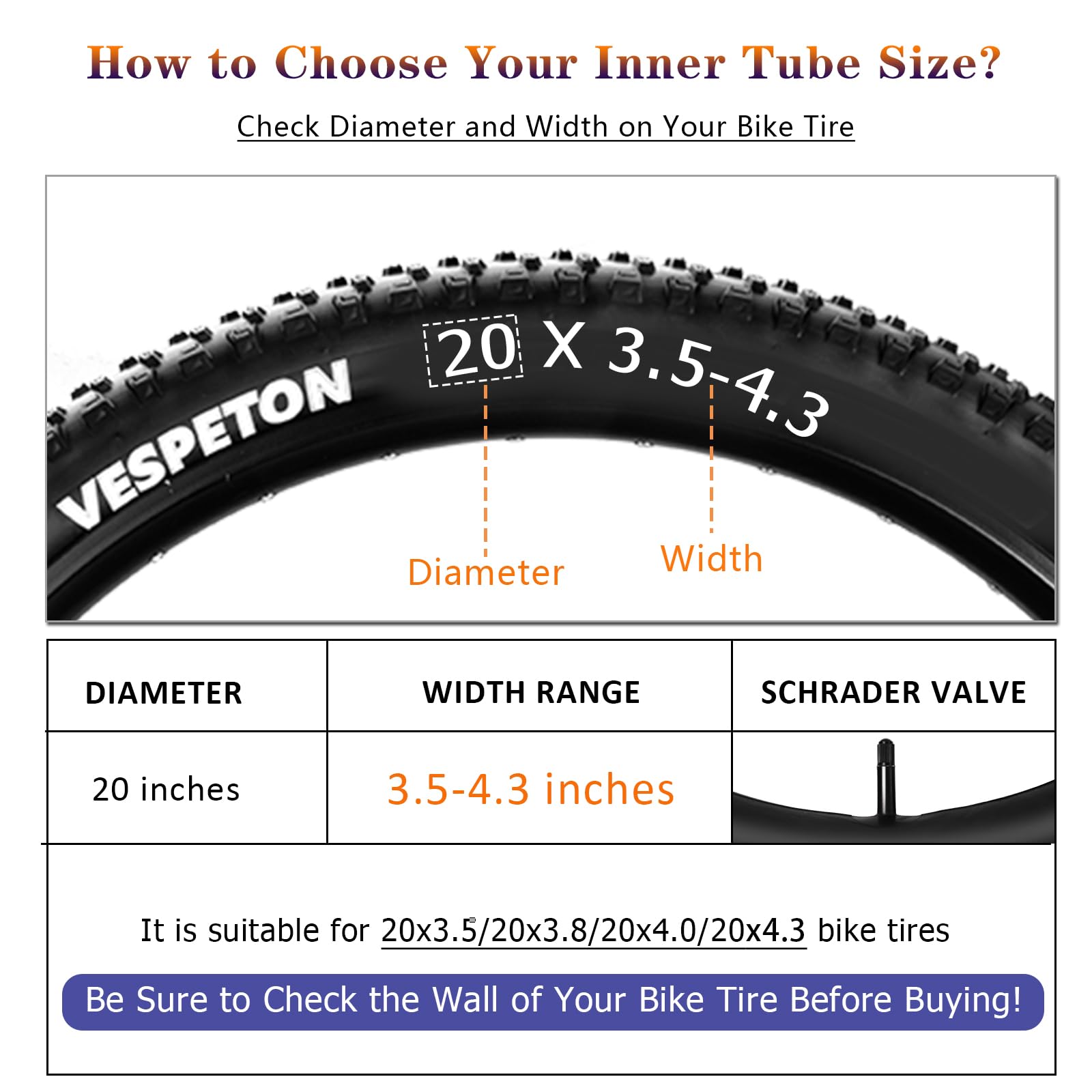 20X4.0 inch Bike Tube with AV35mm Schrader Valve Electric Bike Inner Tubes Premium Butyl Rubber Bicycle Tube 2 Pack Fat E-Bike Tubes