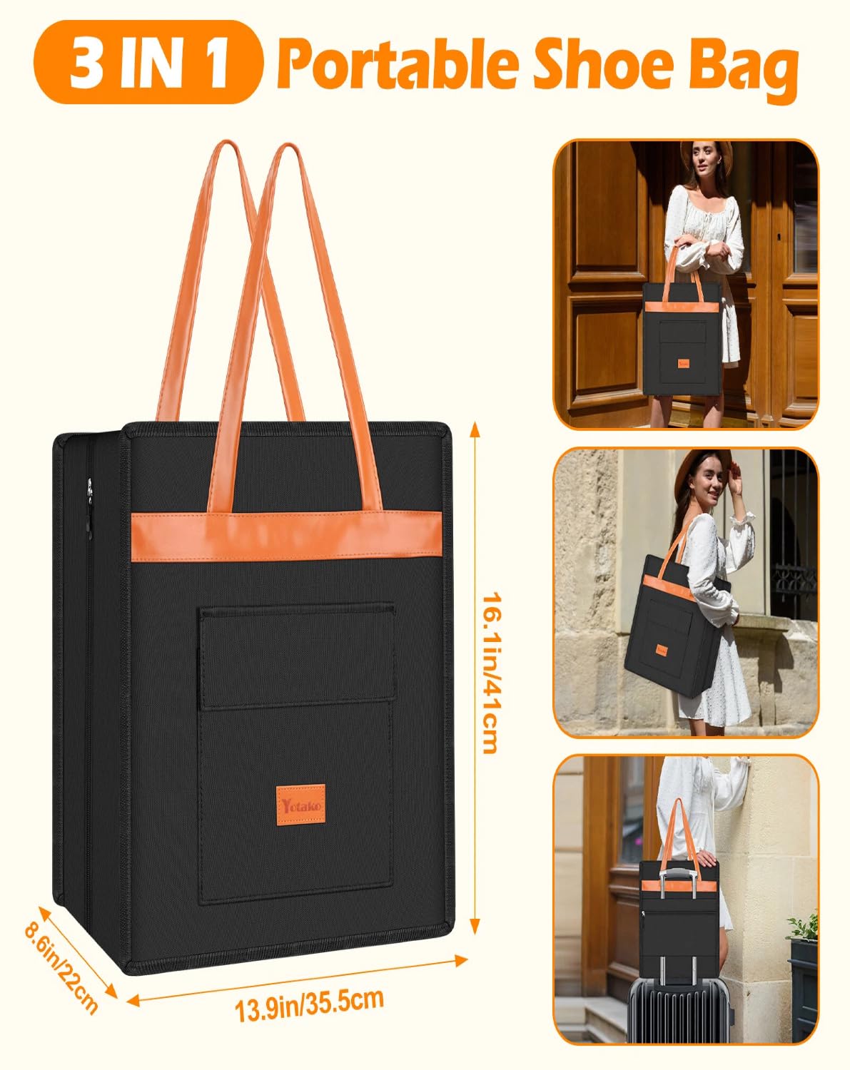 Yotako Borsa per scarpe da viaggio con manico in pelle, organizer portatile per scarpe con tasche, borsa 3 in 1 da appendere, borsa per scarpe da viaggio per donne e uomini, adatta per 6 scarpe, nero