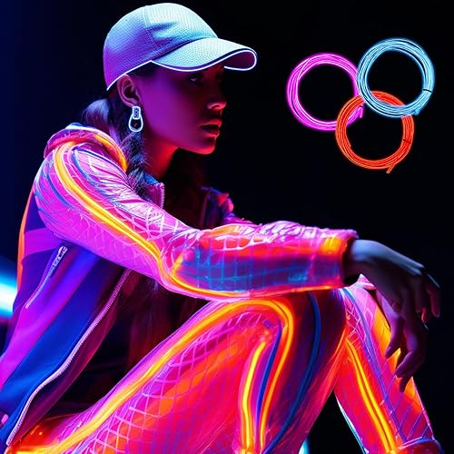 Miniatura 5 de Juego de 50 luces de neón portátiles de alambre EL con tira de 6.6 pies, luces LED brillantes que se pueden cortar, funciona con pilas, cable