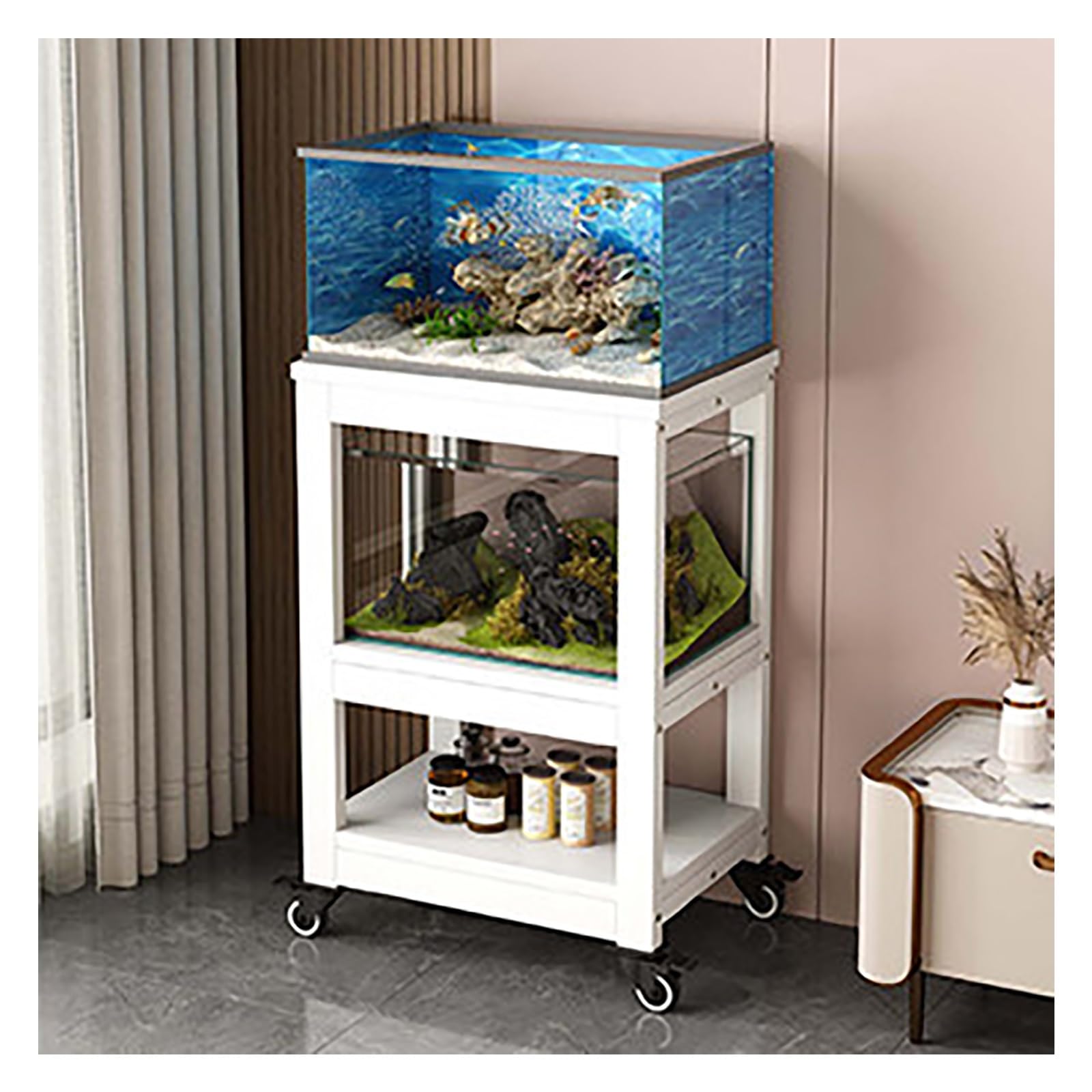 Supporto Acquario, Acquario con Mobile, Supporto per Terrario | Ripiani a 3 Livelli, Portata di 250 kg, Ampio Spazio di Stoccaggio a Vista(White C,51x40x103cm/20x16x41in)