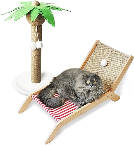 Miniatura 6 de PETKARAY Silla de playa para gatos, camas elevadas para gatos de interior, tumbona original acogedora para gatos con rascador de sisal y pelota de