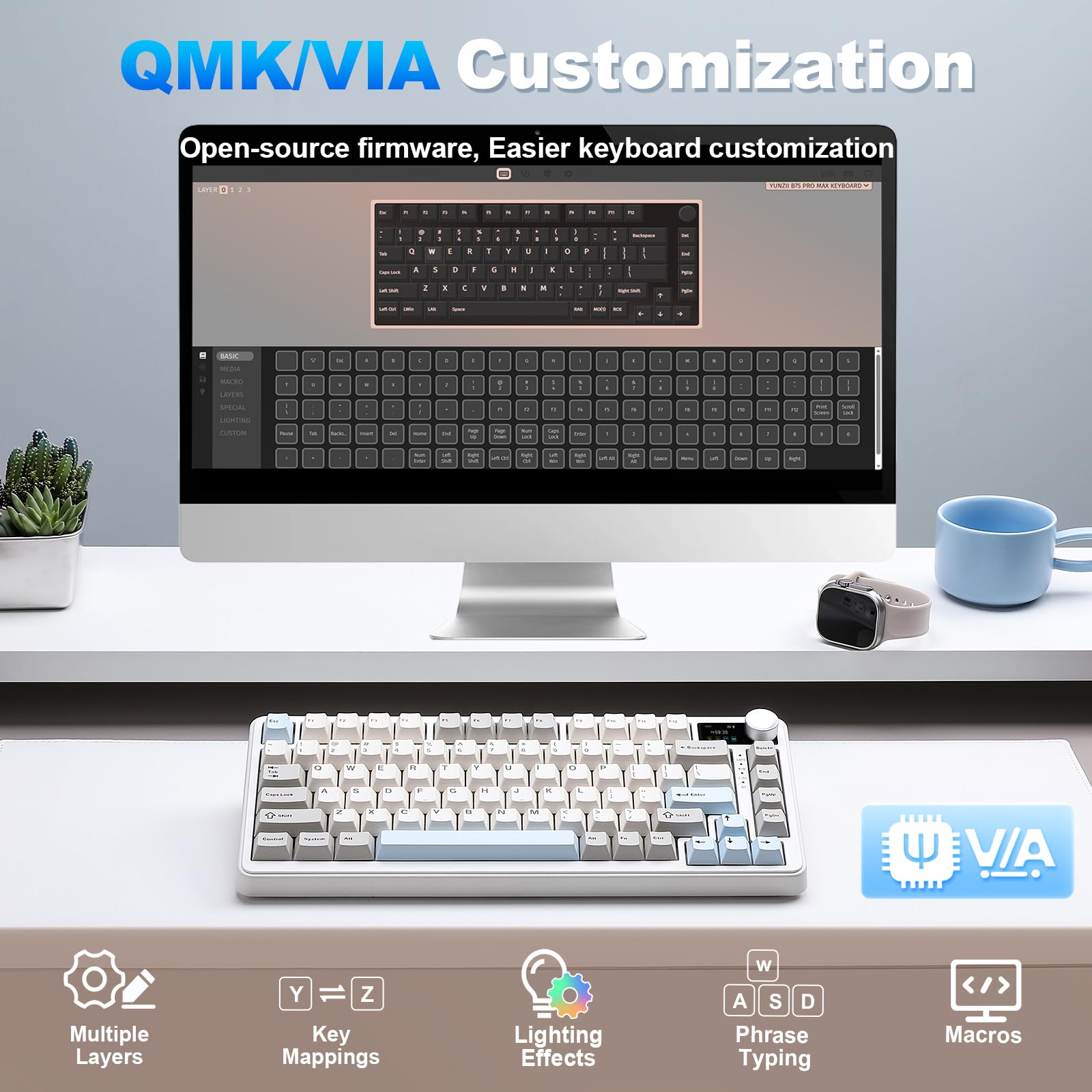 YUNZII B75 PRO MAX QMK/VIA Gaming-Tastatur, 75% Mechanische Tastatur mit Bildschirm und Drehregler,Hot-Swap,Vorgefettete Creamy Switches, RGB, BT/Type-C/2.4G für Win/Mac (Beige, Candy Switch)