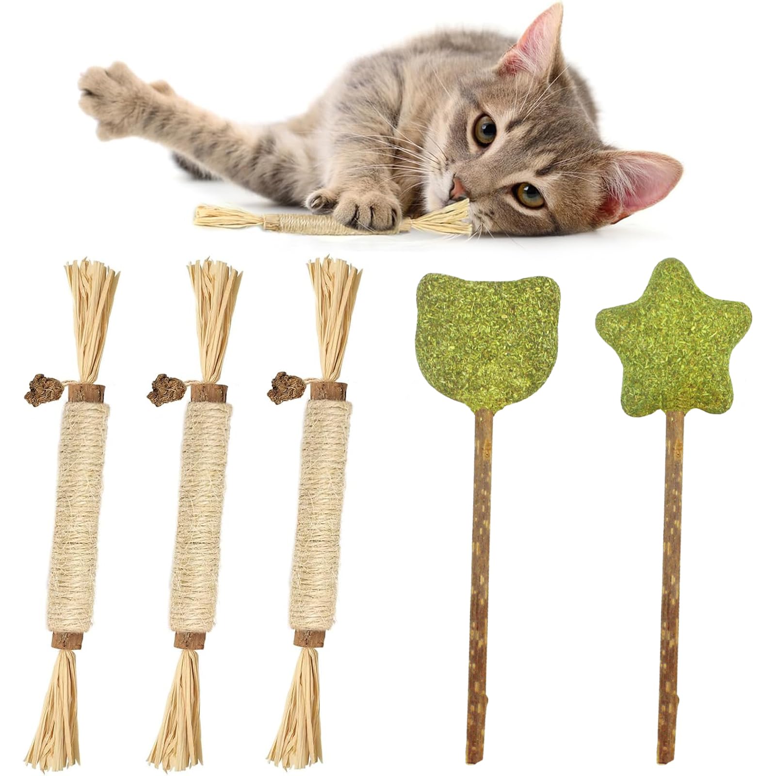 YXBWM 5 Pack Natural Cat Chew Toys, Silvervine Matatabi Sticks with Sisal Rope & Gall Fruit, Catnip Lollipops Dental Toy for Teeth Cleaning, Boredom & Stress Relief for Cats and Kittens