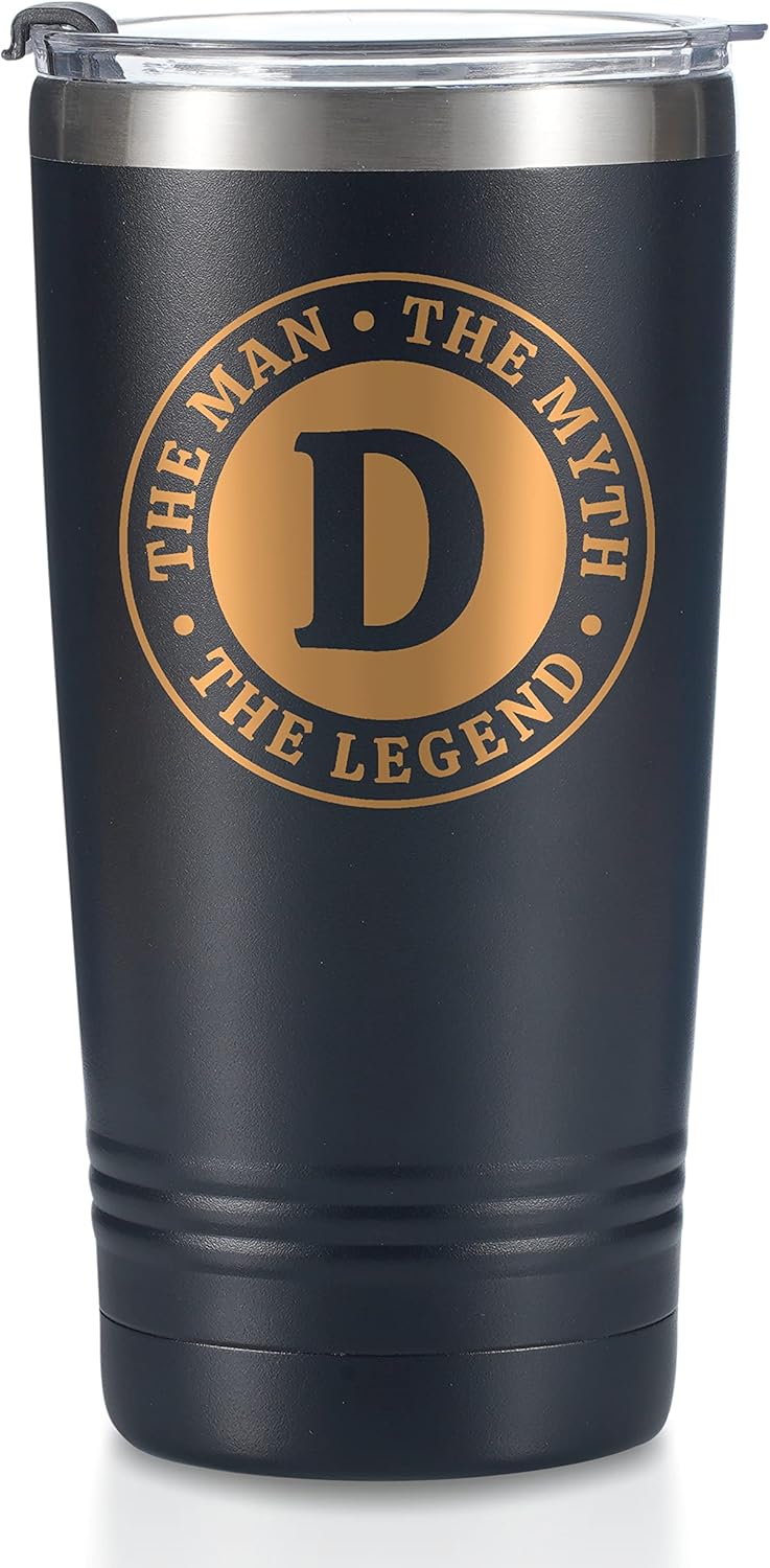 the Man the Myth the Legend Mug with Initials, Monogrammed Stainless Steel Travel Tumbler for Men, Funny Personalized Coffee Cup, Custom Beer Glass, Unique Birthday Christmas Gifts for Him, 20 oz, D
