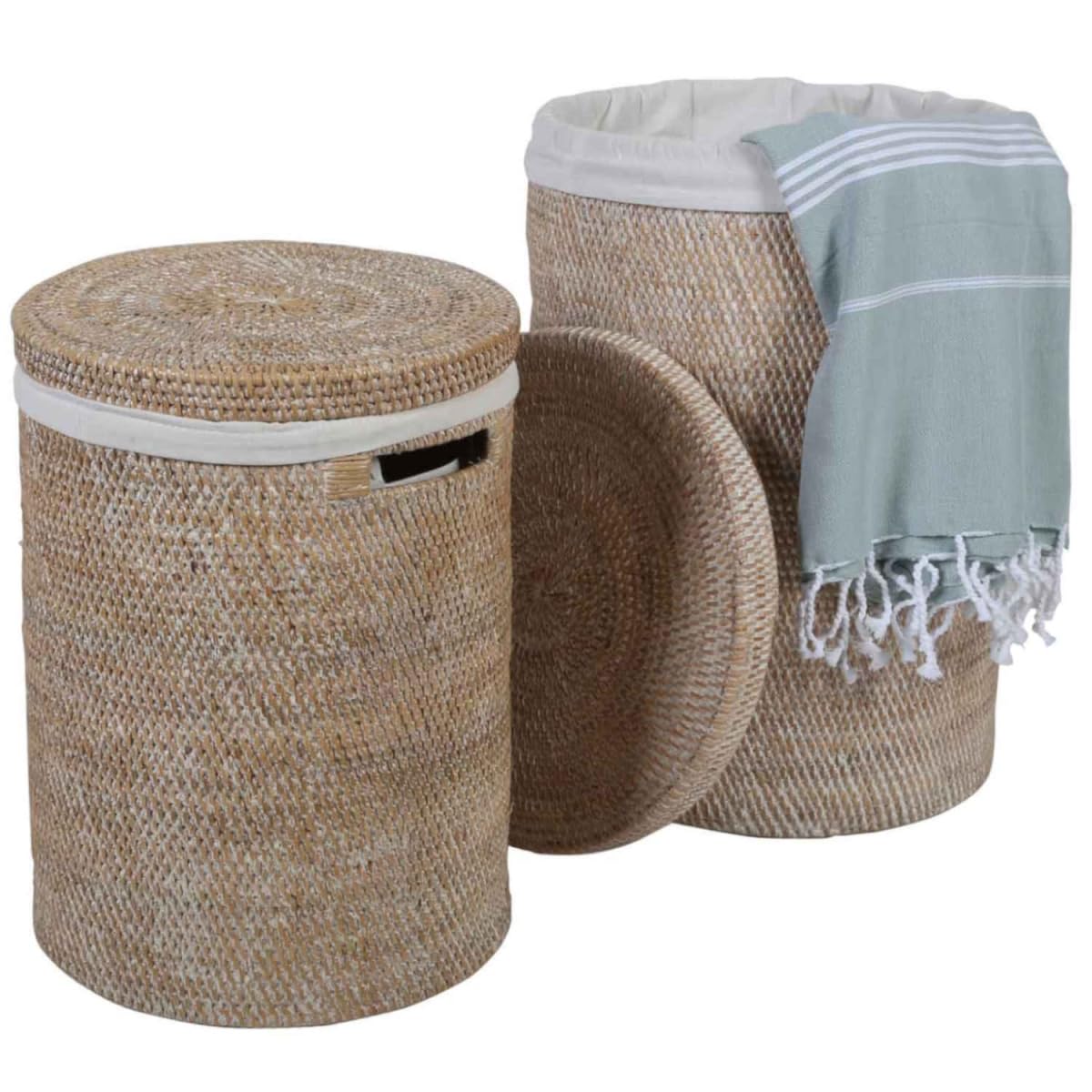 Wäschekorb Rattan Cleo Weiß Wäschsammler Wäschebox Aufbewahrung rund mit Deckel und Innensack Ø35 cm x Höhe 50 cm Größe L