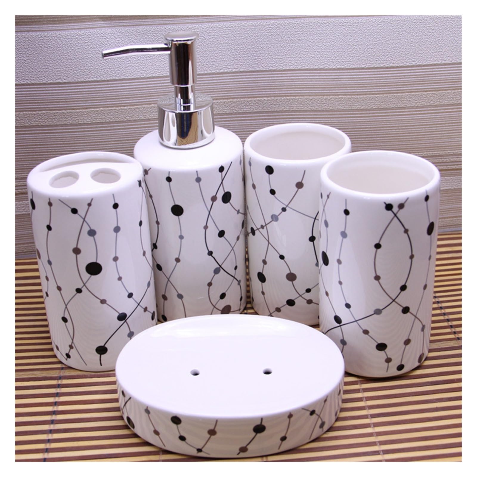 Juego de 5 piezas de cerámica, dispensador de artículos de tocador para baño, botella de enjuague bucal y jabón