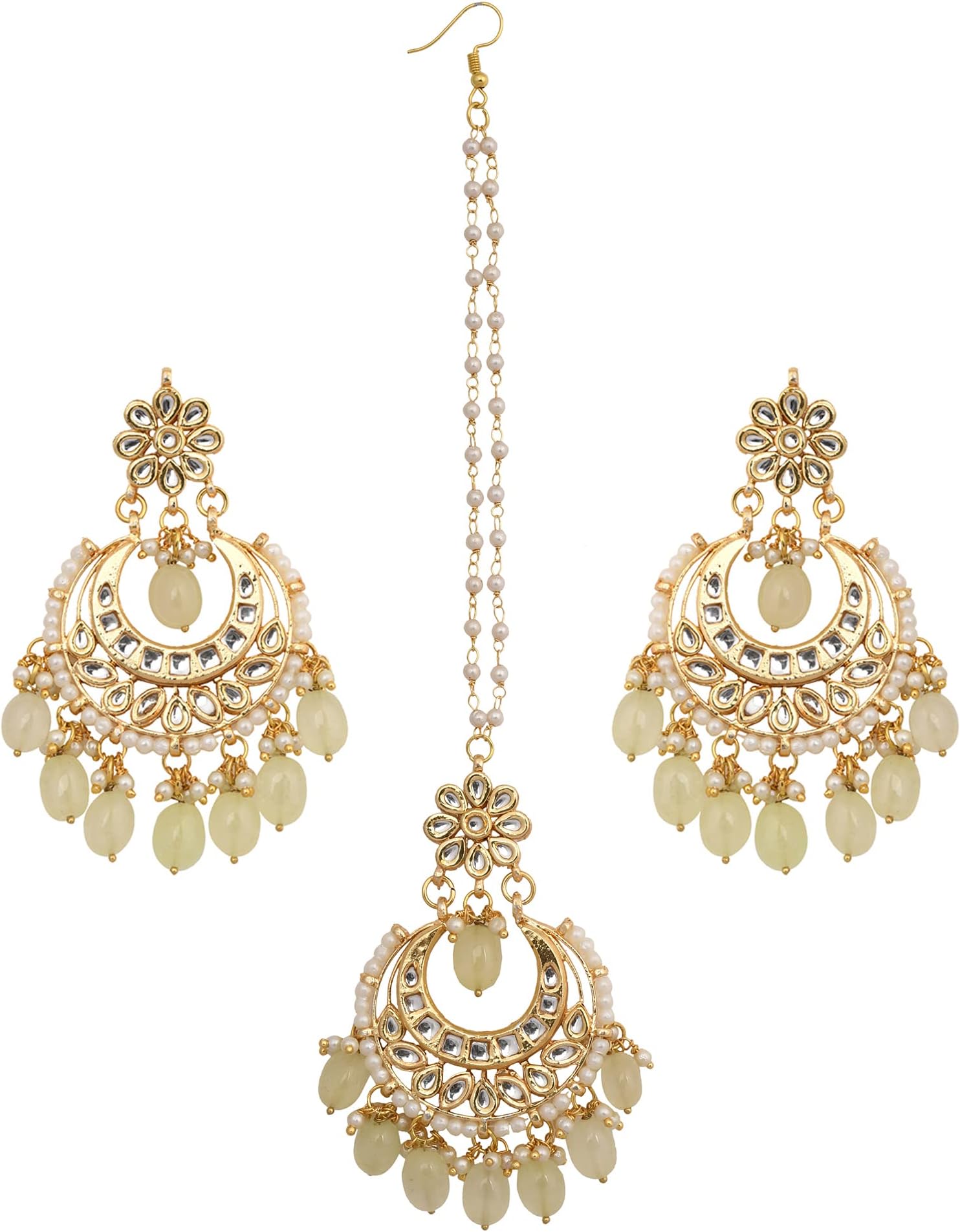 FEMIZEN Cream Gold Toned Kundan Inspired Mang Tika with Chanbali set for Women's