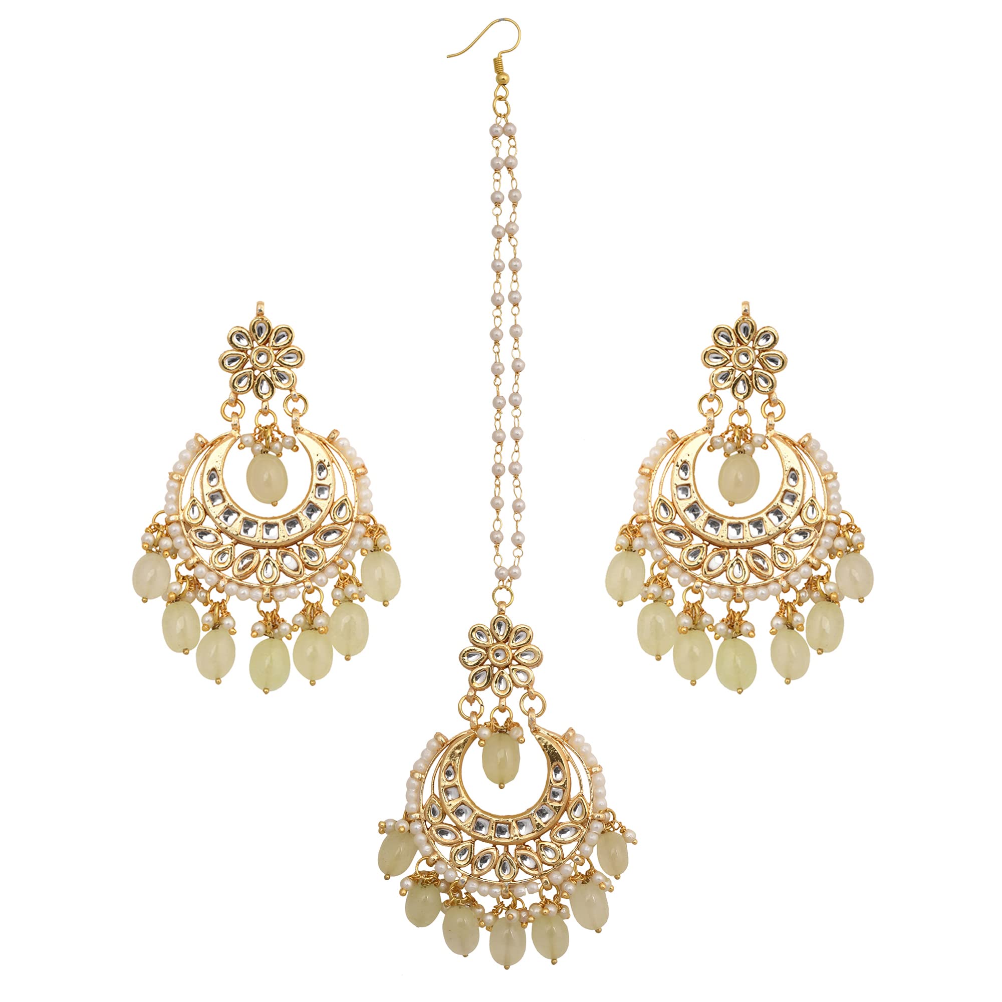 FEMIZEN Cream Gold Toned Kundan Inspired Mang Tika with Chanbali set for Women's