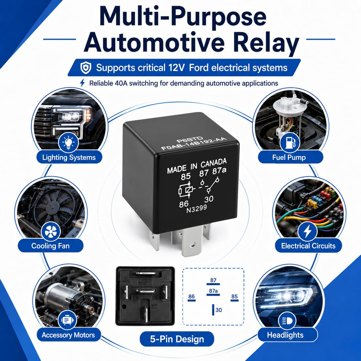 P6SDT FOAB-14B192-AA - Relé automotriz (paquete de 2) - 40 A, 12 VCC, 5 pines, repuesto OEM F0AB-14B192-AA para sistemas eléctricos Ford