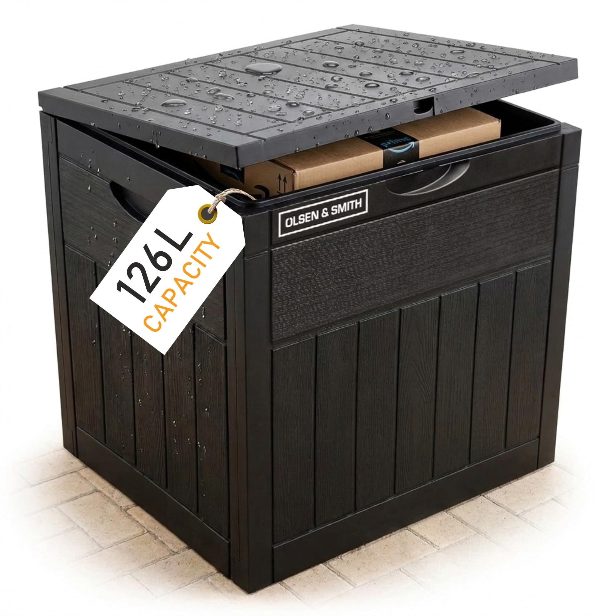 Olsen & Smith 126L Lockable Outdoor Garden Plastic Storage Box Container Chest - Small Lawn Balcony Furniture, Weather Resistant, Wood Panel Effect (Black)
