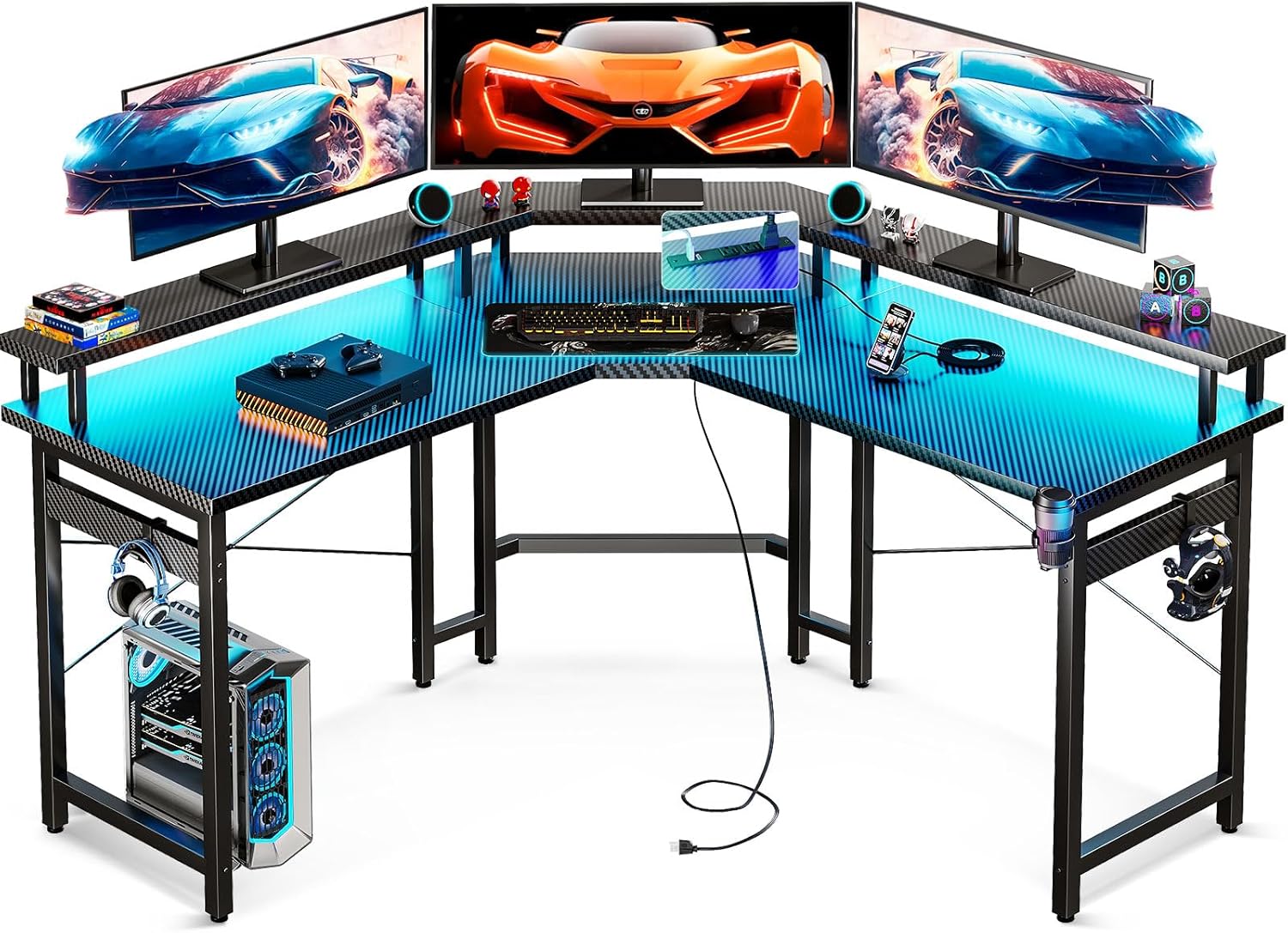 ODK L Shaped Gaming Desk with LED Lights & Power Outlets, 51″ Computer Desk with Full Monitor Stand, Corner Desk with Cup Holder, Gaming Table with Hooks, Black Carbon Fiber ODK L Shaped Gaming Desk with LED Lights & Power Outlets, 51″ Computer Desk with Full Monitor Stand, Corner Desk with Cup Holder, Gaming Table with Hooks, Black Carbon Fiber