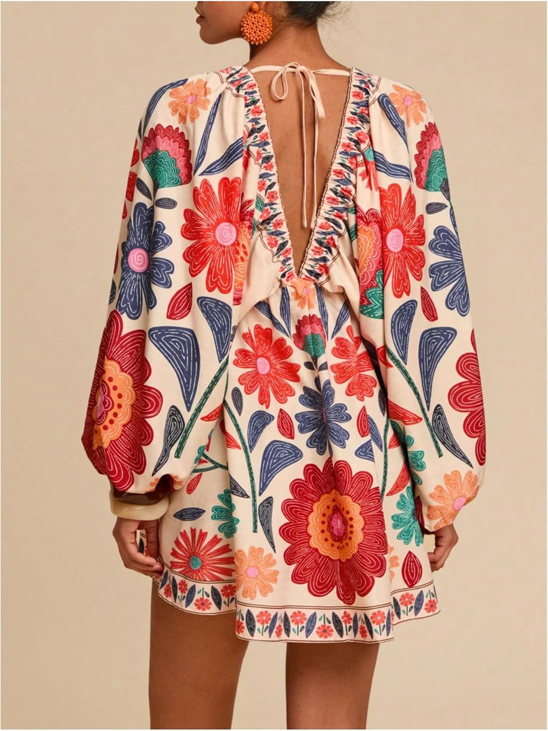 Women's Boho Floral V Neck Mini Dresses Bishop Sleeve Tie Open Back Tropical Dress - Image 2