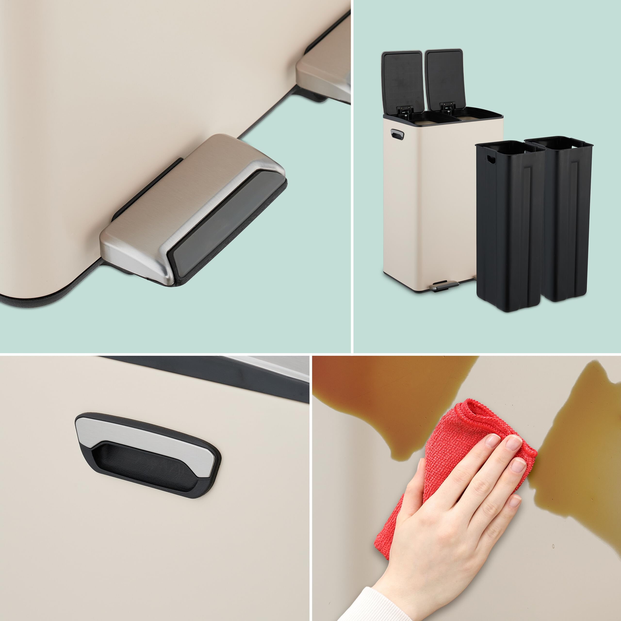 Relaxdays Cubo Basura Doble, 2 Compartimentos 30 litros c/u, Botes Interiores Extraíbles, Pedal, Cocina, Beige/Plateado