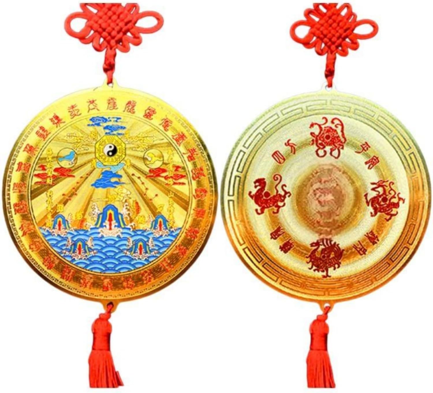 纯黄铜圆山海镇 Feng Shui Good Amulet 太极八卦图镜室内室外家用乔迁大门口客厅摆件 fengshui Chinese Tassel Ornaments-2060