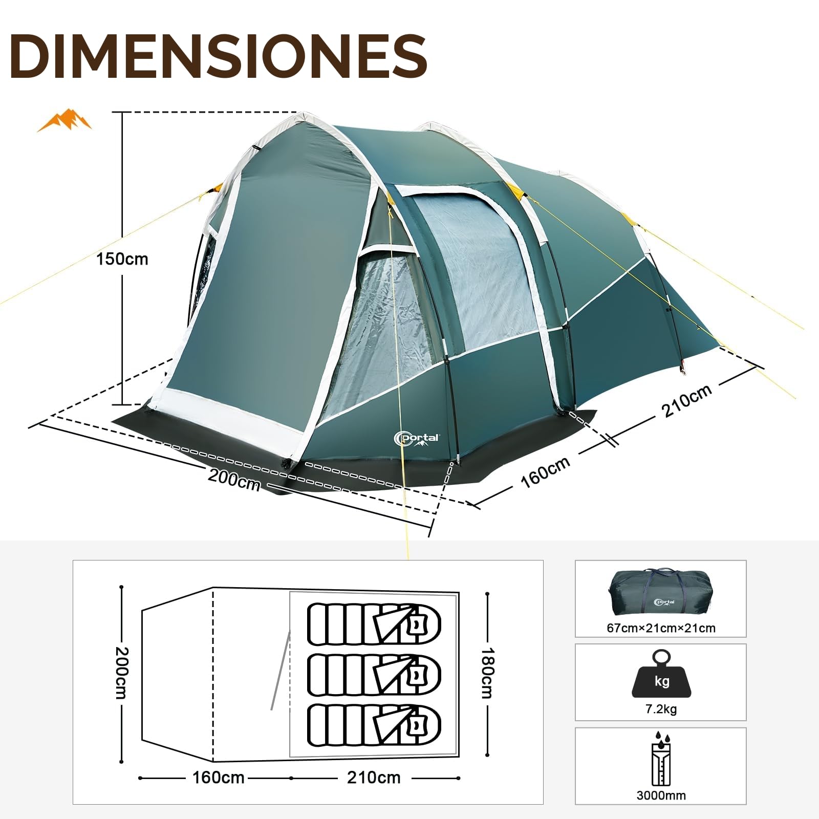 Portal Tienda de Campaña Familiar para 2 a 3 Personas Impermeable 3000mm Tienda de Camping con Porche y Lona de Suelo Cosida Tienda Festivales
