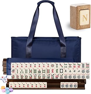 MUTEX American Mahjong Game Set, 166 Premium Mahjong Tile Set with Traveler Size Stylish Blue Carrying Bag, Western Mahjong Set with 4-Piece Walnut Wood Mahjong Racks/Pushers, Mahjong Ma Jong Set