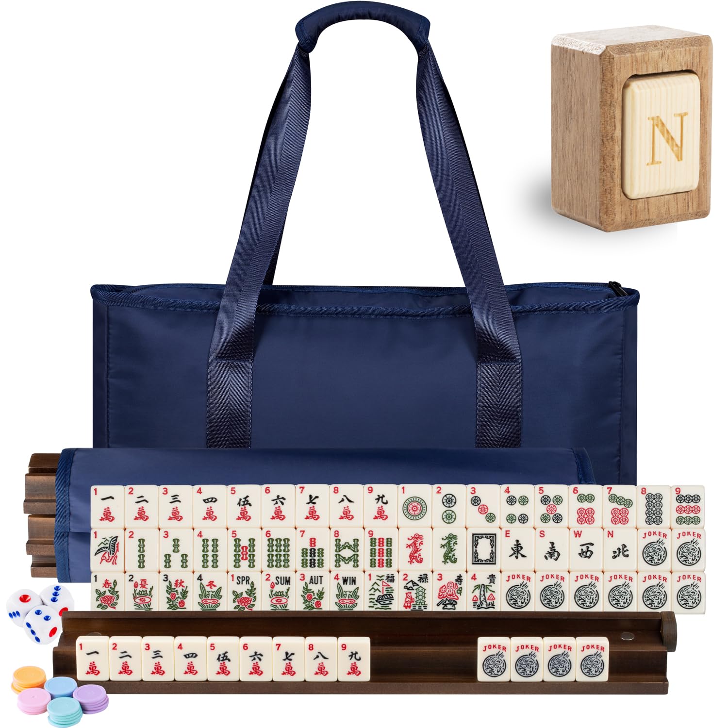 MUTEX American Mahjong Game Set, 166 Premium Mahjong Tile Set with Traveler Size Stylish Blue Carrying Bag, Western Mahjong Set with 4-Piece Walnut