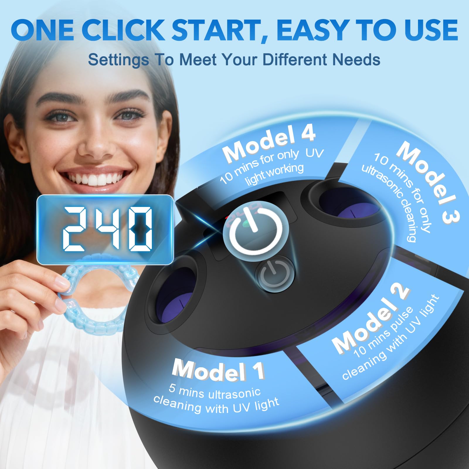 Limpiador ultrasónico dental de retención – Cápsula de limpieza dental de 48 kHz para prótesis, aparatos ortopédicos, protector bucal, cabezales de cepillo de dientes, joyas, máquina limpiadora de