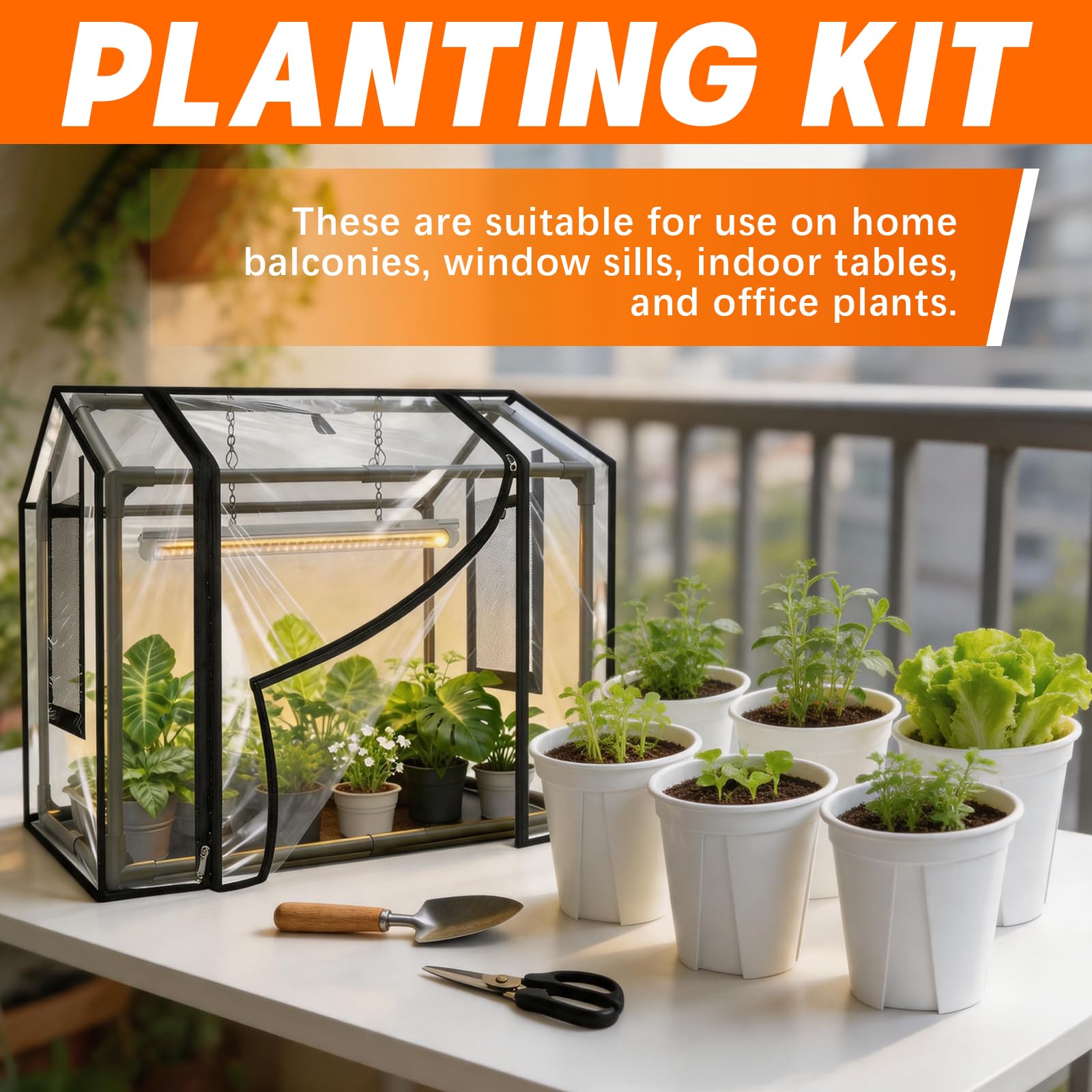 Kit di Piantagione, Serra da Balcone con 6 Piccoli Vasi da Fiori e Lampada per Piante Copertura PVC 60 x 40 x 50 cm Serra da Giardino Resistente Alle Intemperie Trasparente per Giardino Balcone