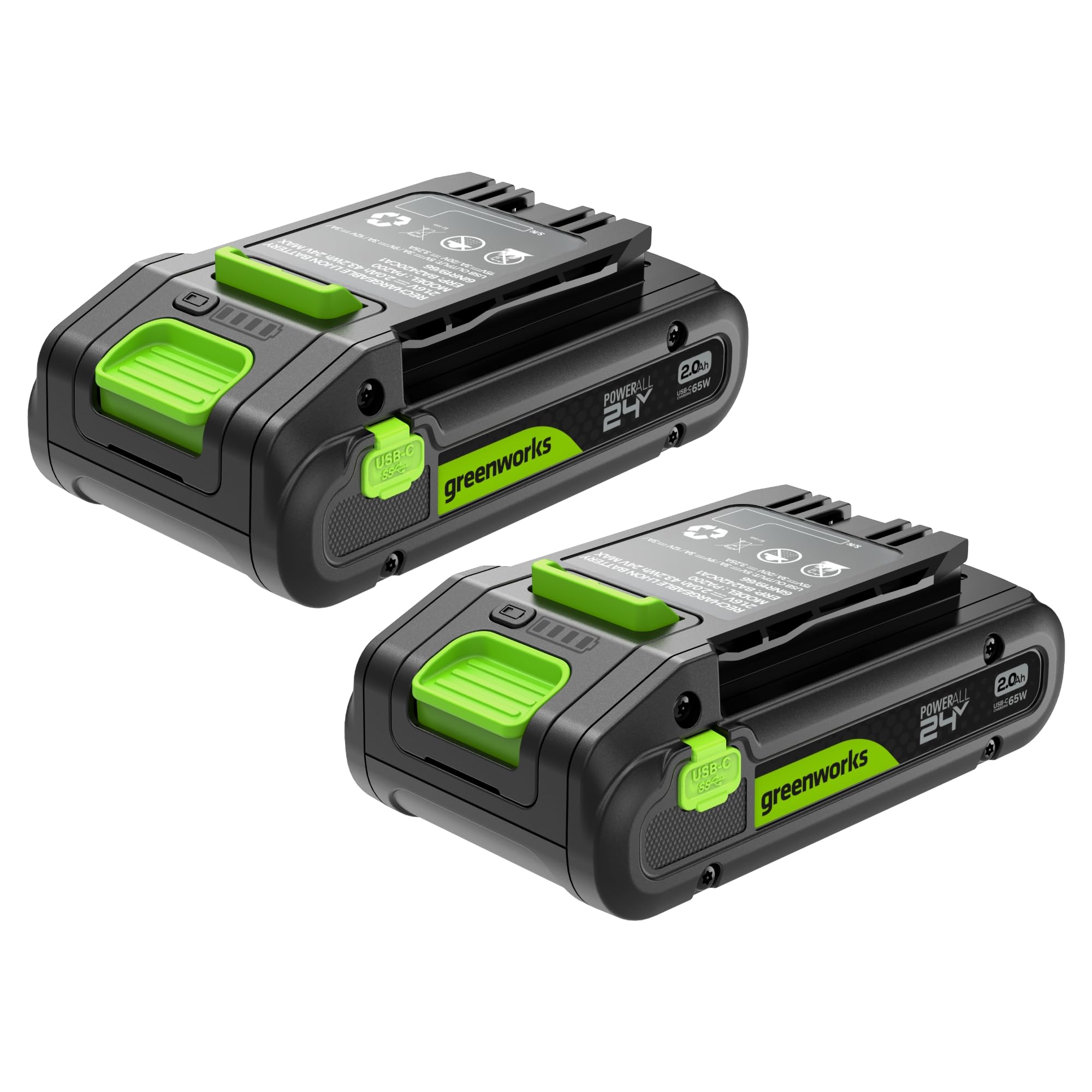 Greenworks TwinPack 24V 2Ah Akku High Power USB-C (Li-Ion 24V 2,0 Ah wiederaufladbarer leistungsstarker Akku passend für alle 200+ Greenworks 24V Geräte), 2 Jahre Garantie - K2D4NNA