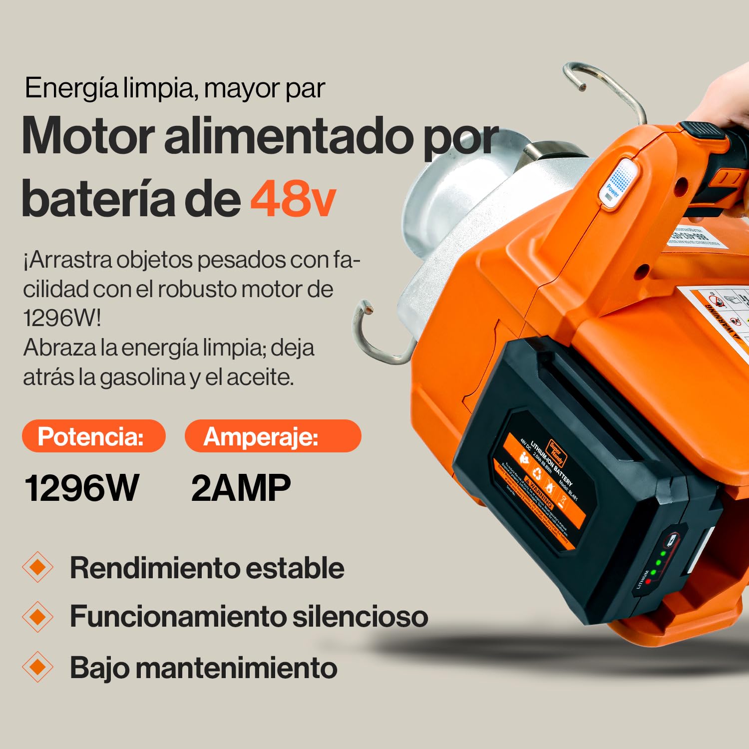 SuperHandy Cabrestante Eléctrico Portátil Cabrestante Polipasto Motor sin escobillas Li-Ion Batería 454kg-908kg Max Fuerza de tracción para la silvicultura Caza(Low Stretch Cuerda Incluido)