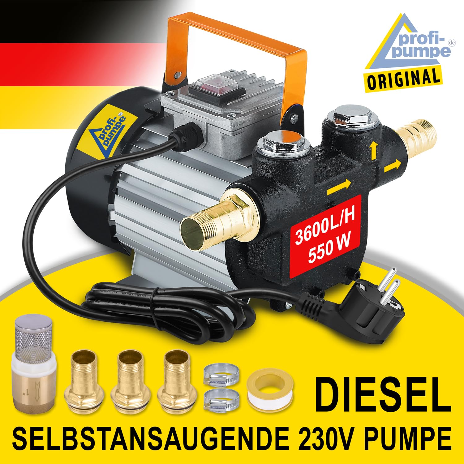 AMUR DIESELPUMPE 230V SELBSTANSAUGEND Heizölpumpe Leistungstarker Motor mit 370 Watt maximal 2800 U/Mininute Maximale Fördermenge 3.600L/h 60L/Minute Maximaler Druck 3,6 bar Set Standard-4 Kabel 1m