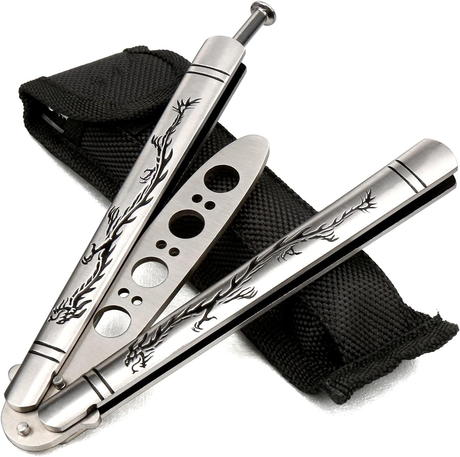 Practice Butterfly Knife, Stainless Steel Balisong Trainer Unsharpened Blade with Spring Latch, Smooth Action Butterfly Knife Trainer