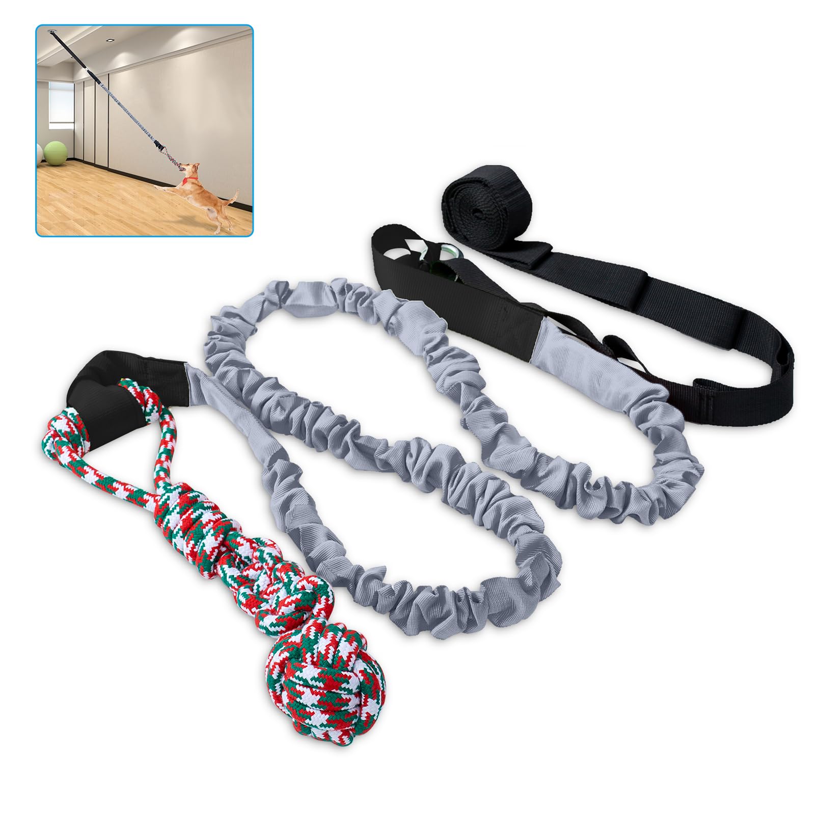 QINGFANGLI Outdoor Bungee Tug Toy，Dog Toy Hanging, Interactive Exercise Play Cord & Tether with Chew Rope Toy for Large Breed Puppies & Small Dog adult (Gray)