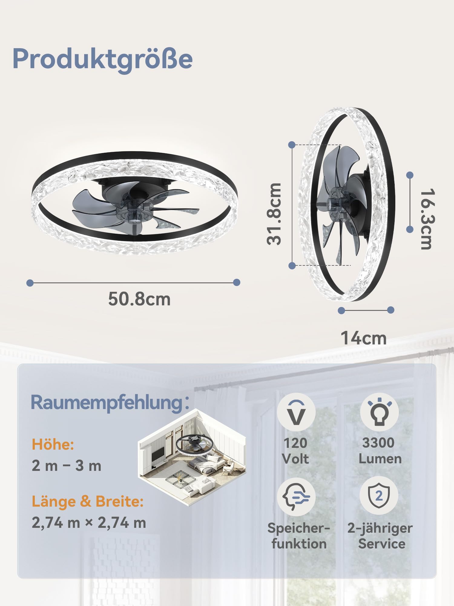 ZMISHIBO Deckenventilator mit Beleuchtung,Ø50,8 cm,3000K-6500K stufenlos dimmbar,6 Geschwindigkeiten,Timer,App & Fernbedienung,moderner LED-Deckenventilator für Wohnzimmer und Schlafzimmer,Schwarz
