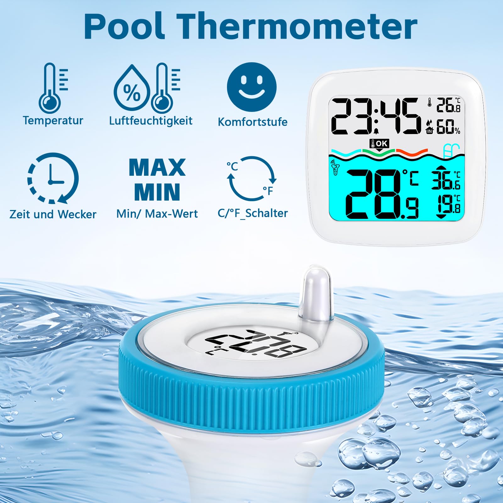 Thermomètre de Piscine Connecté Sans Fil IP67 Flotter Bleu