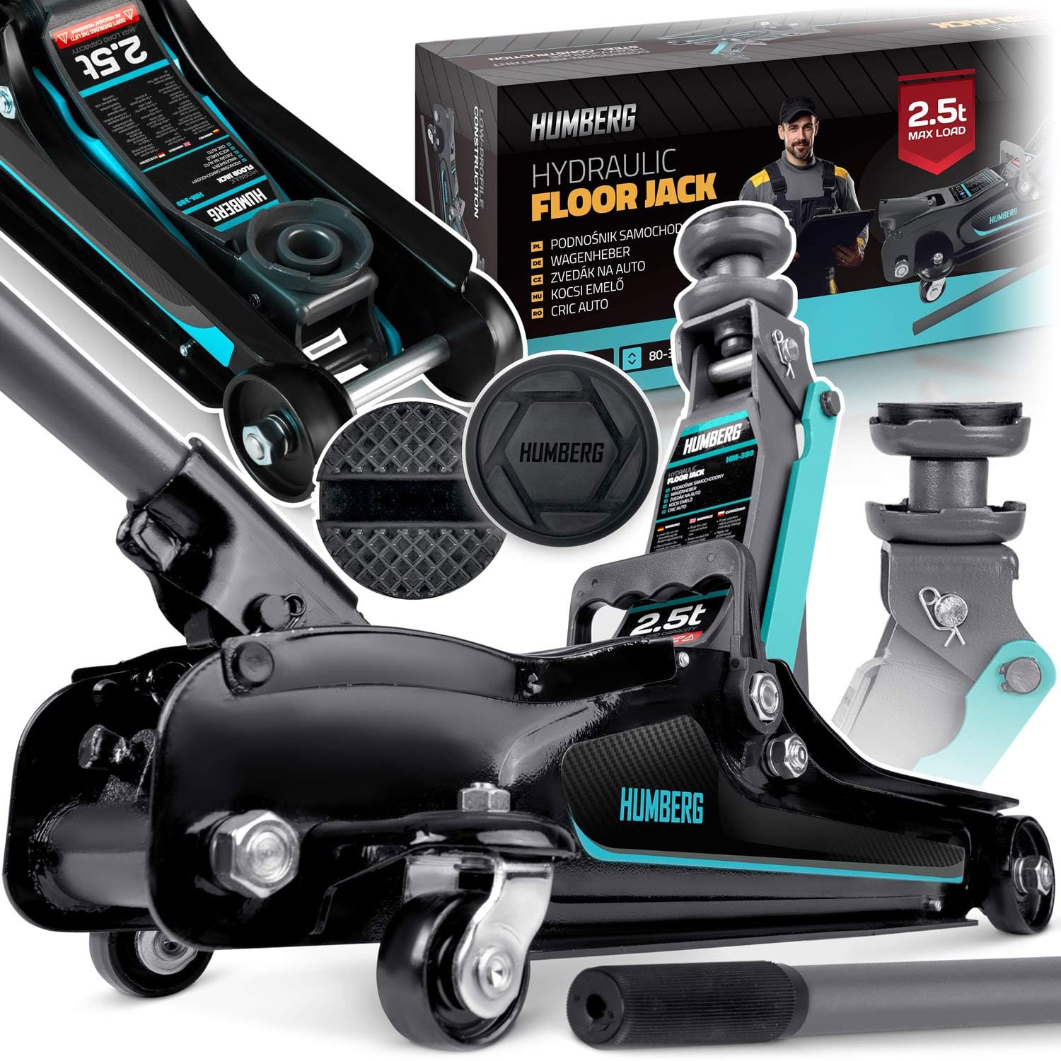 Humberg Cric idraulico per auto, a basso profilo 2,5T, 80-360 mm, 2 cuscinetti in gomma, colore nero, blu