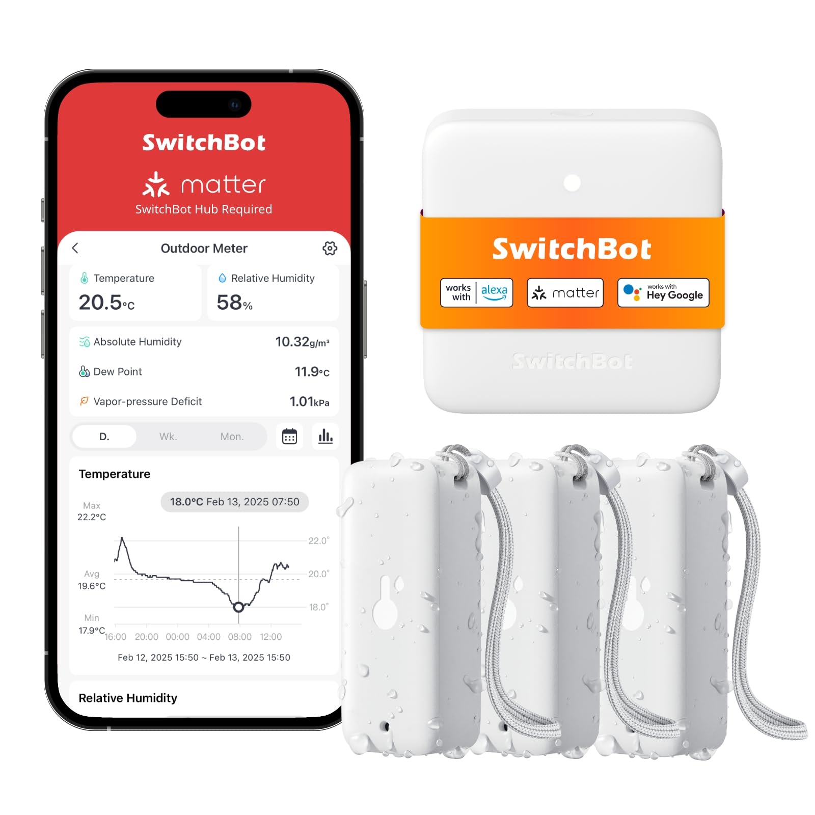 SwitchBot WLAN Hygrometer Thermometer Innen Außen 3er-Pack mit Hub Mini Matter, IP65 Wasserdichter Temperatur- und Feuchtigkeitssensor mit App Benachrichtigung und kostenlose Datenspeicherung