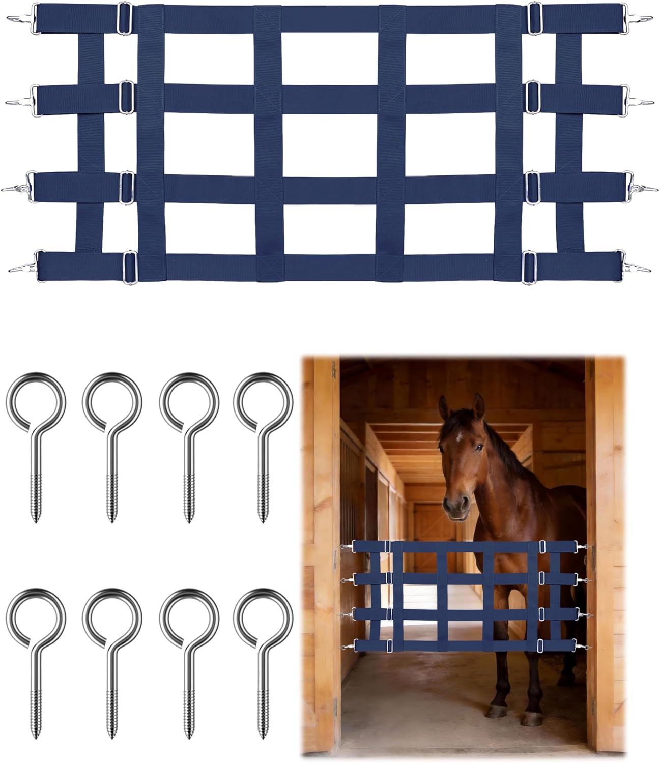 Harrison Howard Adjustable Horse Stall Guard Poly 4 Slat Door Guard for Horse Barns Sturdy Webbing Grid Design Stall Guard Navy