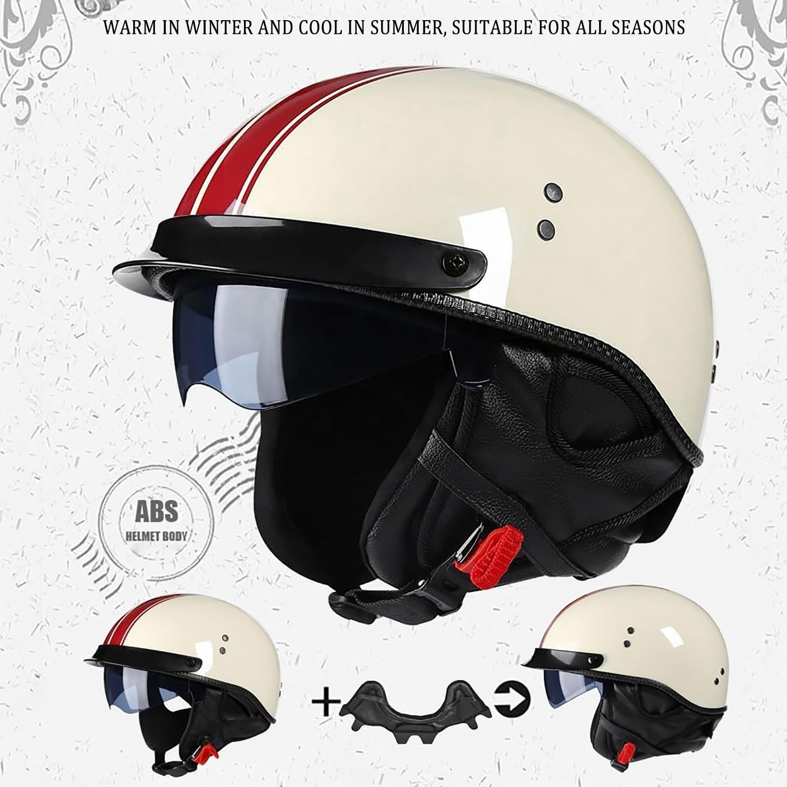 Casco da Moto retrò a Mezza Calotta per Adulti, Uomo e Donna, Casco Aperto con Visiera Parasole per Moto, Cruiser, Chopper, ciclomotore, Scooter, Moto, Certificato DOT, Nero Opaco,