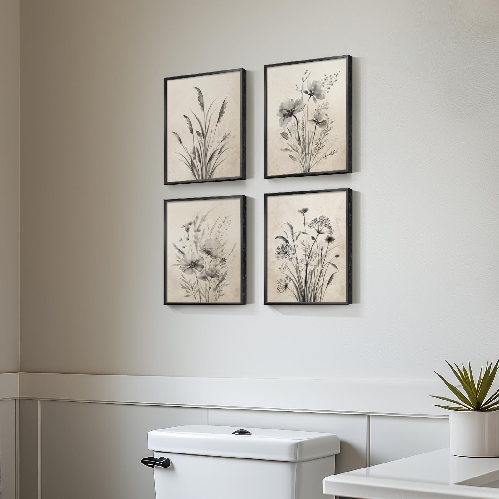 Framed Vintage Botanical Wall Art, 4 Piece Boho Rustic Floral Canvas Painting Prints for Modern Farmhouse, Black and White Neutral Flower Pictures for Bathroom Bedroom Hallway Kitchen Home Decor, 8x10