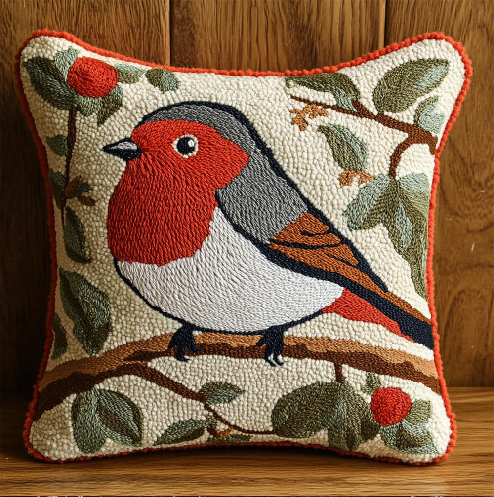 Rqwybcaxn Latch Hook Cushion Kits for Adults 17X17Inch,Robin Bird Latch Hook Pillow Case Kits Embroidery Kits 43X43Cm, DIY Needlework Pillow Cover Cushion Rug Making Kit, DIY Craft Kit for Women