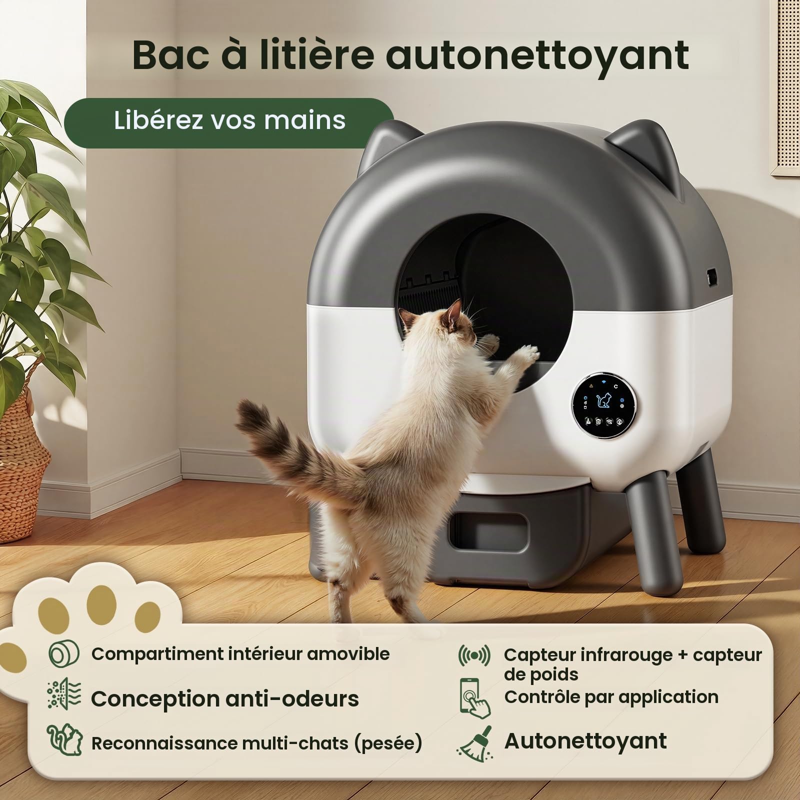 Litiere Chat Autonettoyante,66L Litiere Automatique avec Capteurs De Sécurité,6 Lumières d'ambianceContrôle par Application,Protection Anti pincement,Bac Litiere pour Chat Sûre et Automatique