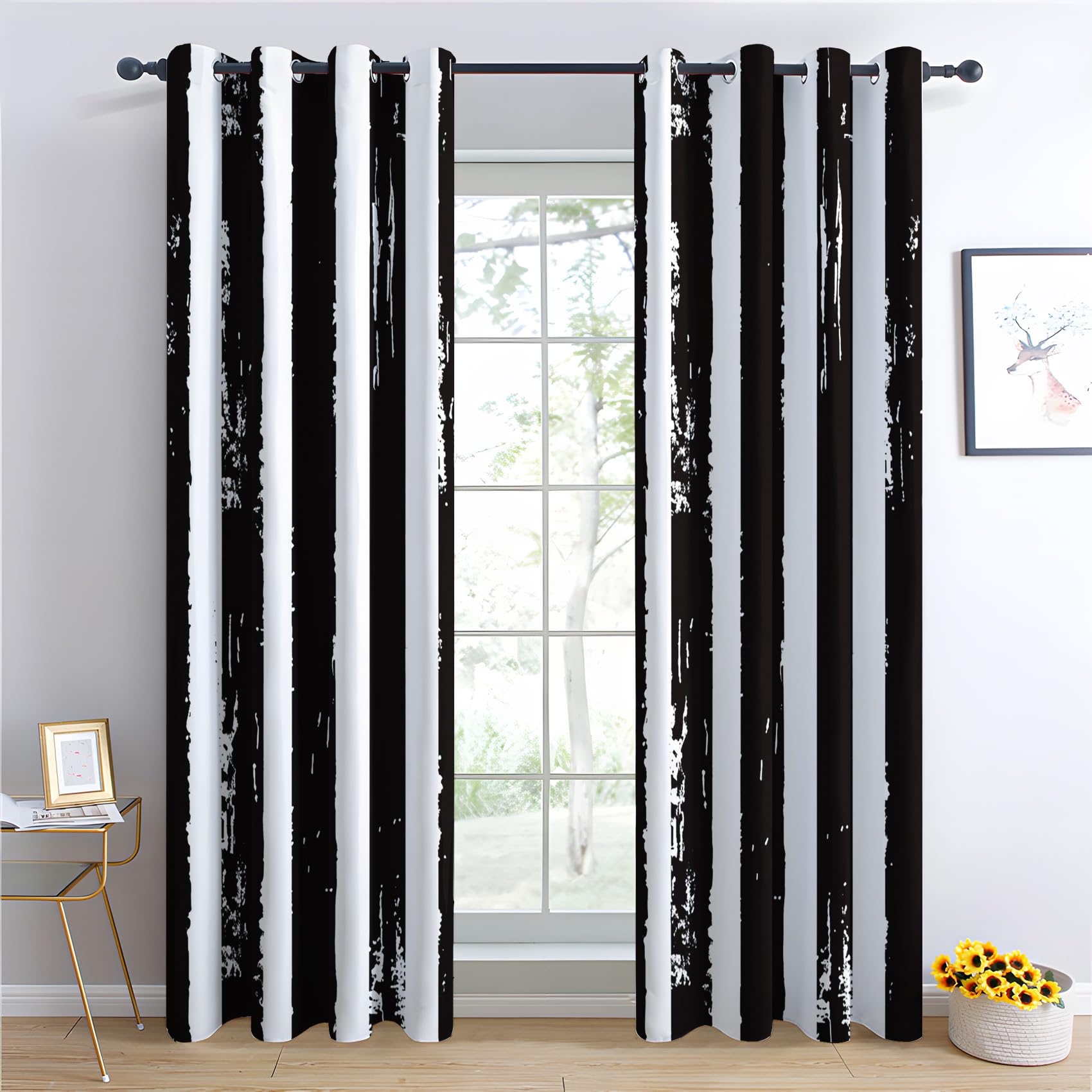 Schwarz Weiß Gestreift Vorhänge, Verdunklungsvorhänge mit Muster Modern, Vorhang Blickdicht mit Ösen, Gardinen für Wohnzimmer Schlafzimmer Deko 2er Set - 160x132 (H X B)