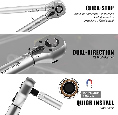 Miniatura 10 de AEROFORCE - Juego de 37 llaves dinamométricas de 14 pulgadas (4-20 libras5.4-27.2 Nm), llave dinamométrica reversible de doble dirección de 14