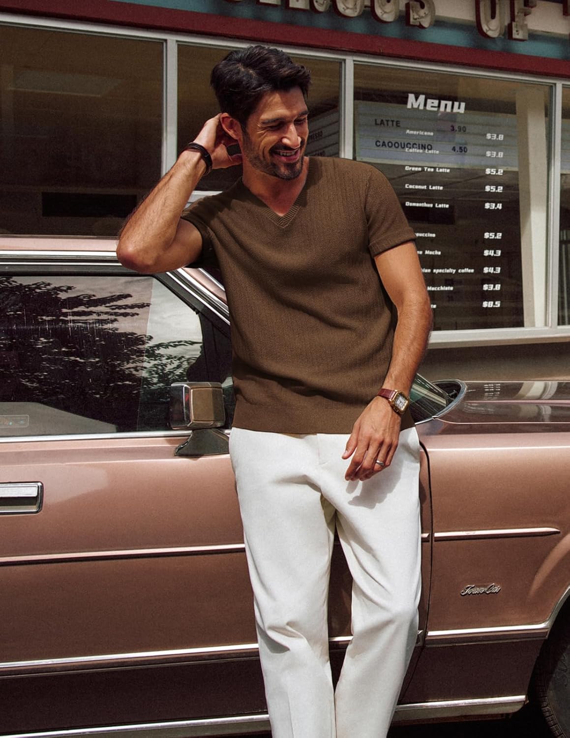 PJ PAUL JONES Mens T Shirts V Neck Short Sleeve Textured Herringbone Modern Fit Knit Shirts - Image 2